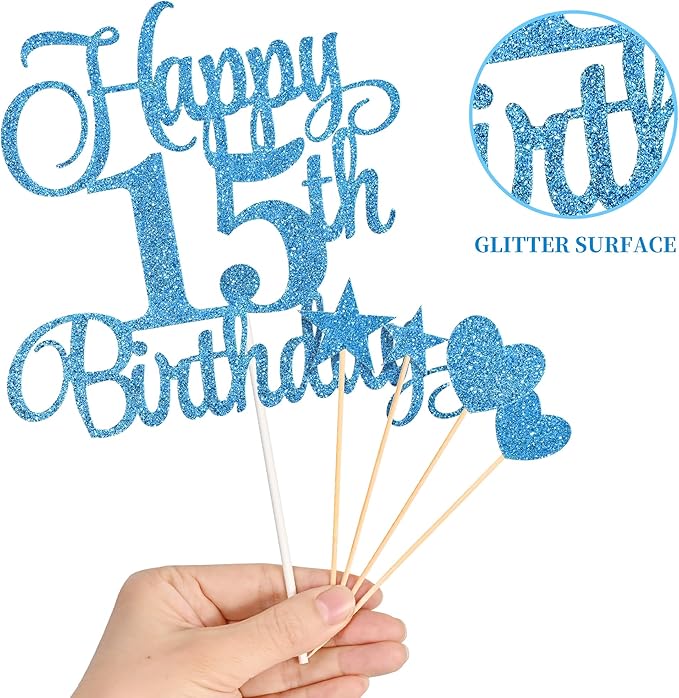 15th Birthday Cake Decorations, 15th Birthday Candles Cake Numeral Candles and Glitter Happy 15th Birthday Cake Toppers Set for Birthday Party Supplies (Blue)