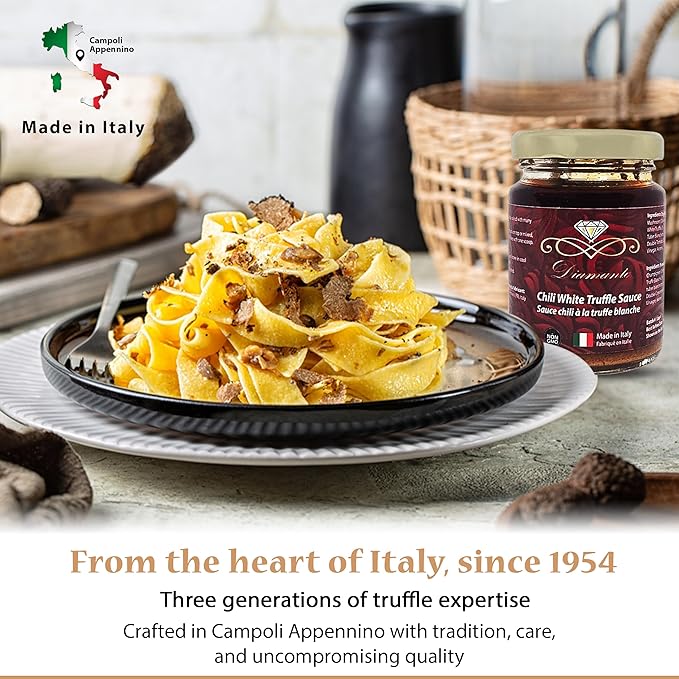 Diamante Italy Chili Truffle Sauce with White Truffles - Hot Sauce for All Cuisines - Authentic Italian Gourmet White Truffle & Mushroom Hot Sauce - Non GMO & Made in Italy - 90g