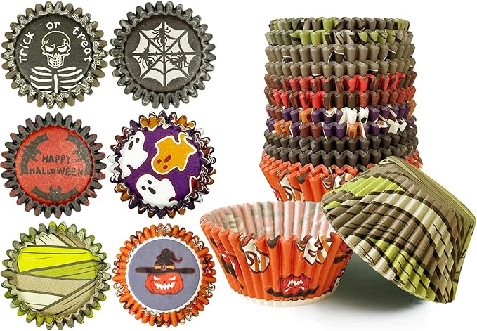 qiqee Halloween Jumbo Cupcake Liners 300PCS Cupcake Liners Cupcake Cups 6 Designs Halloween Red Bat Cupcake Papers Baking Cups Cupcake Wrappers (Large Size)
