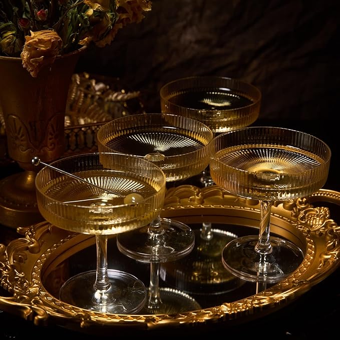 Khen Crystal Glass Ribbed Vintage Art Deco Coupe - 8oz. Set of 12 Crystal Glasses - Weddings & Parties, Champagne Tower, Hosting Essentials, Champagne & Cocktail Goblet Stemmed Ripple Coupes Glassware