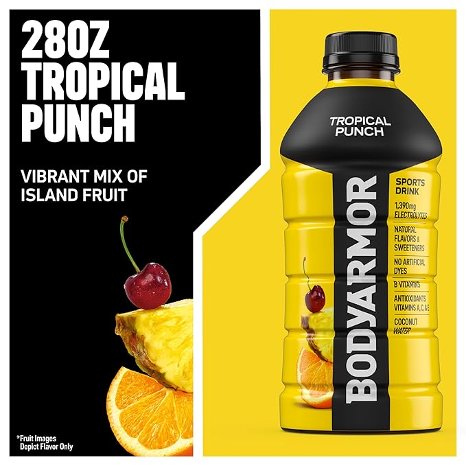 BODYARMOR Sports Drink Sports Beverage, Tropical Punch, Coconut Water Hydration, Natural Flavors With Vitamins, Potassium-Packed Electrolytes, Perfect For Athletes, 28 Fl Oz (Pack of 15)