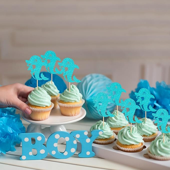 24 PCS Dolphin Cupcake Topper Ocean Themed Party Dolphin Cupcake Decorations Baby Shower Birthday Party Decorations