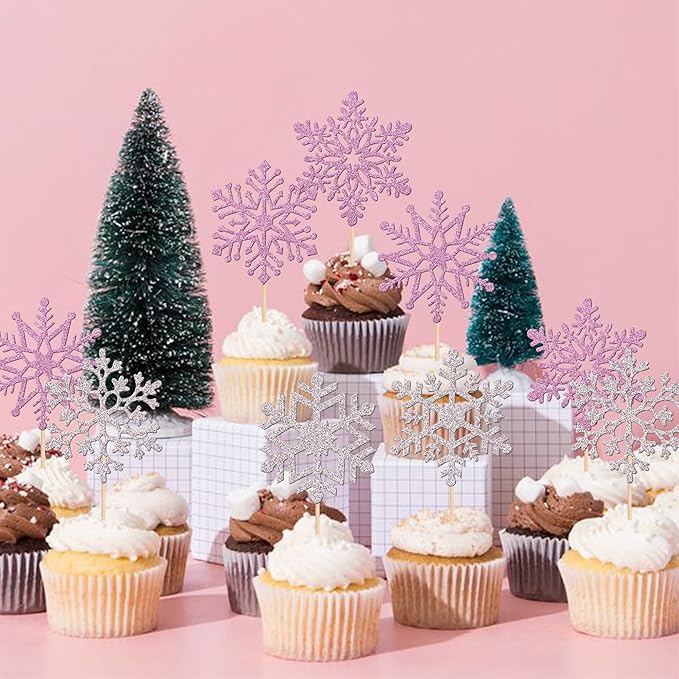 36 PCS Snowflake Cupcake Toppers Glitter Winter Frozen Theme Cupcake Picks Little Snowflake Cake Decorations for Winter Wonderland Baby Shower Kids Birthday Christmas Party Supplies Silver Purple