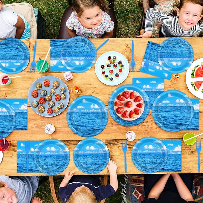96Pcs Summer Ocean Plates and Napkins Under the Sea Bubbles Blue Sky Party Decorations Beach Dessert Plates Hawaiian Birthday Tableware for 24 Guests Hawaiian Theme Men Woman Birthday Party Supplies