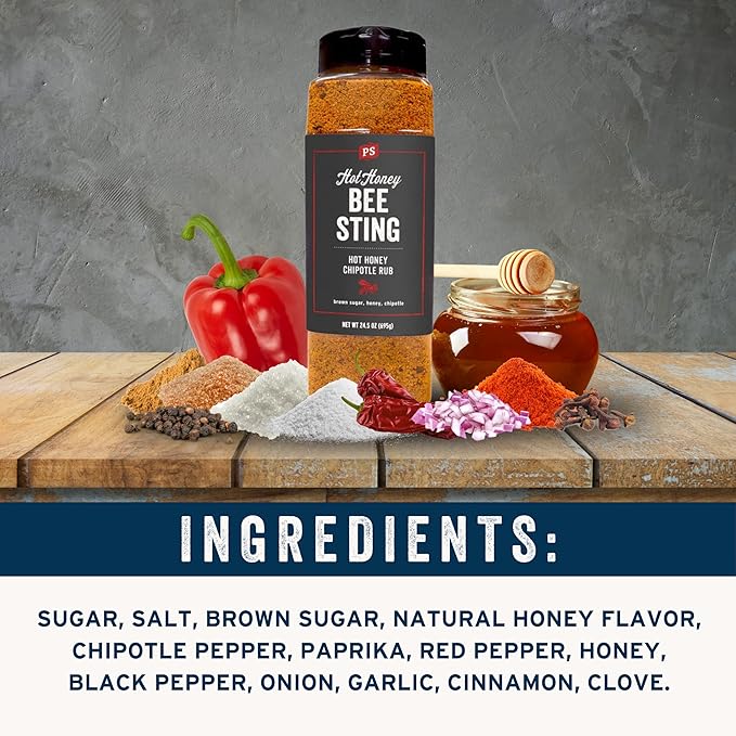 PS Seasoning Bee Sting - Hot Honey Chipotle BBQ Seasoning & Rubs for Smoking, Grilling, Baking - Sweet & Spicy Chipotle Flavor, Dry BBQ Rubs and Spices for Grilling Steaks, Pork, Chicken, Beef, 24.5oz