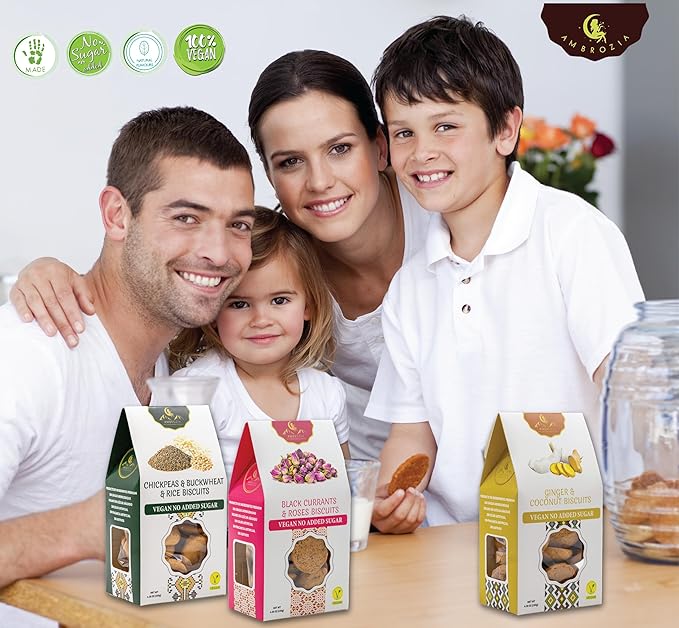 Ambrozia Vegan Snack Biscuits ??Ginger & Coconut - Soft Baked, No Added Sugar, Clean Label, High Fiber & Wholesome Ingredients, Kid-Friendly, Healthy Snacks for Active Lifestyles, 4 x 4.58 Oz