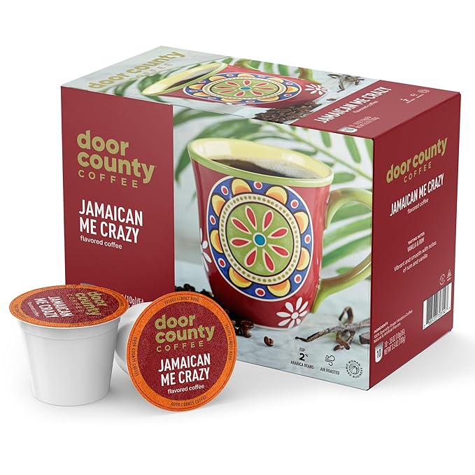 Door County Coffee Jamaican Me Crazyì§?- Medium Roast Rum & Vanilla Flavored Ground Coffee, Single Serve Cups