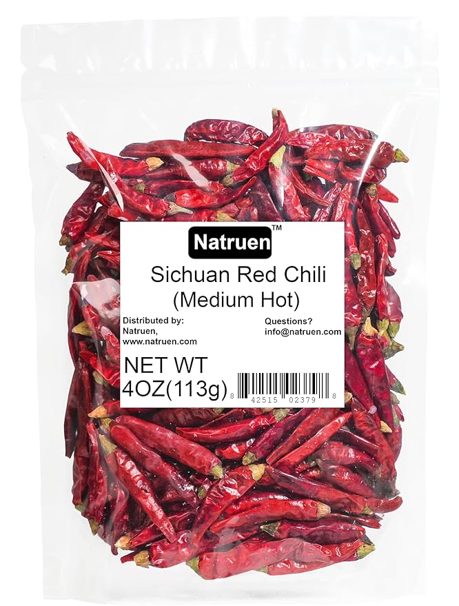 Natruen Whole Dry Szechuan Chinese Red Chili Pods 4 Oz (Medium Hot), Spicy Sichuan Dried Red Hot Chilies for Chili Oil, Paste, and Sauce