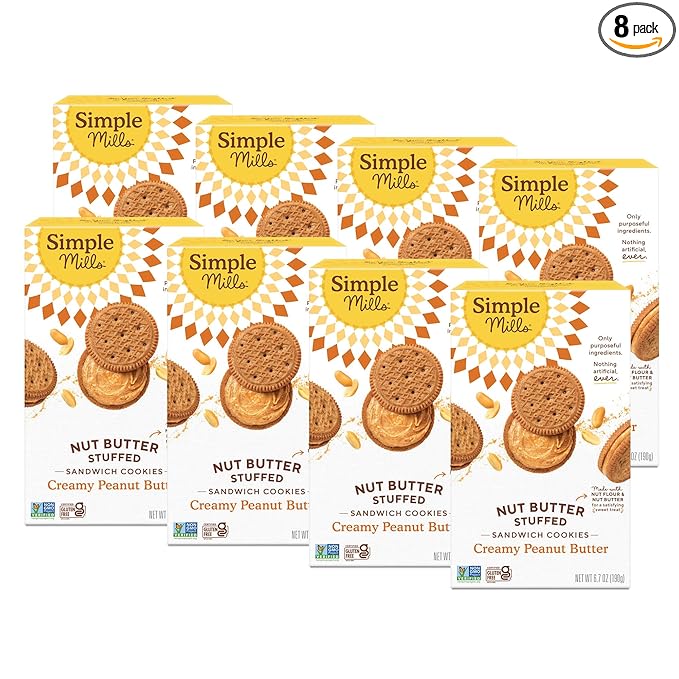 Simple Mills Nut Butter Stuffed Sandwich Cookies, Creamy Peanut Butter, Nothing Artificial, Vegan Friendly, Kosher, Gluten Free & Non-GMO, 6.7 Ounce (Pack of 8)