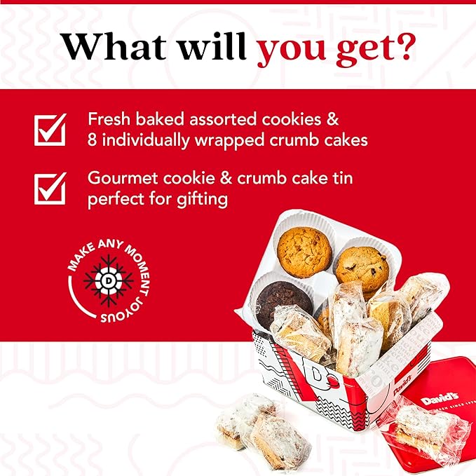 David's Cookies Assorted Fresh Baked Cookies & Crumb Cake Tin - 1Lb Assorted Cookies + 8 Individually Wrapped Crumb Cakes With Raspberry & Original Butter Flavors ??Delicious Gourmet Food Gift For All