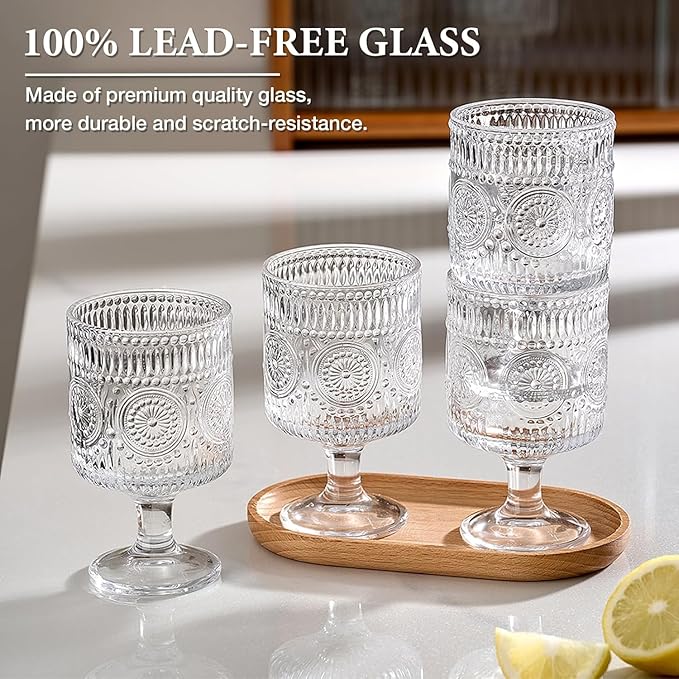 Vintage Goblet Glasses Set of 3, 8oz Embossed Floral Wine Glasses, Clear Glass Cups for Tea, Wine, Beer, or Cocktails (Set of 3)