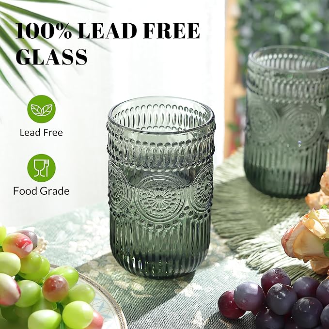 Joeyan Vintage Drinking Glasses Set of 4,14 oz Embossed Sunflower Beaded Highball Glass Water Tumbler Cups,Colored Romantic Glassware for Beverages Cocktail Juice Wine,Multicolor,Dishwasher Safe