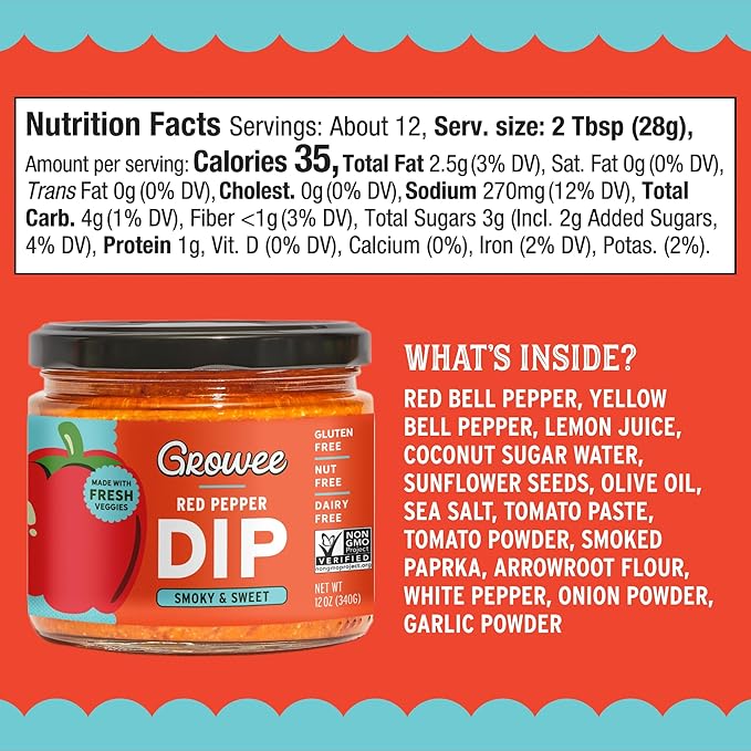 Growee Vegan Red Pepper Dip & Spread (2 Pack) ??Dairy-Free Queso & Dressing Alternative ??Nut-Free, Gluten-Free, Soy-Free and Plant-Based ??Use as Hummus, Shakshuka Sauce & Grilled Cheese Dip