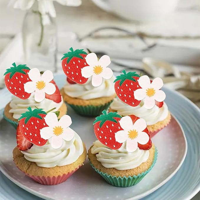 60 Pack Edible Sweet Strawberry Flower Cupcake Toppers First Birthday Strawberry Flower Rice Paper Wafer Paper Cake Picks for Fruit 1st Berry Sweet Kids Birthday Cake Decorations