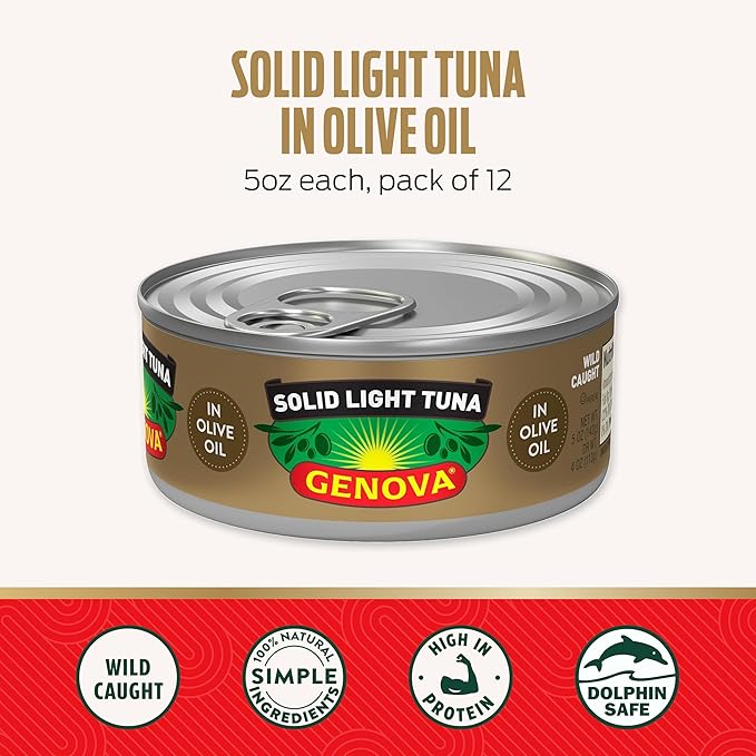 Genova Premium Solid Light Tuna in Olive Oil, 5 Ounce Cans, 12-Pack ??Nutrient Rich, High Protein Canned Tuna Fish - Delicious, Easy, Nutritious Ready to Eat Meals