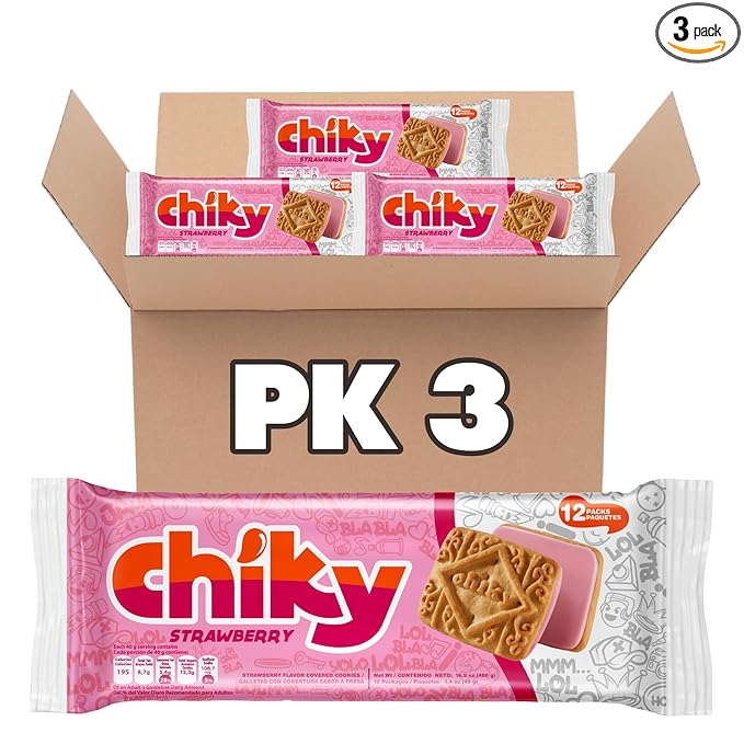 Chiky Strawberry Fudge Cookies, Crunchy & Sweet, Smooth Cream Center, Crispy Texture That Melts In Every Bite, 16.9 ounces, 1 Box contains 3 Bags, each with 12 Individual Packs.