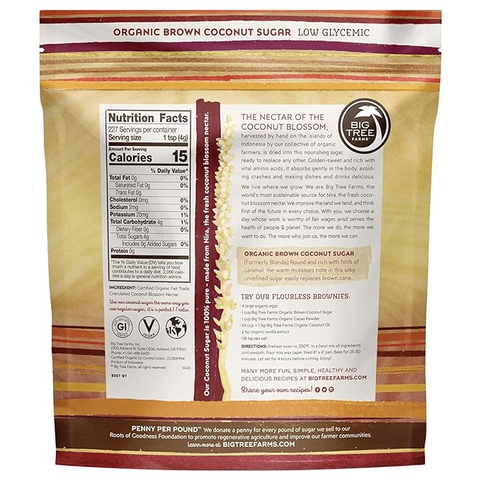 Big Tree Farms Organic Brown Coconut Sugar - Coconut Palm Sugar, Unrefined, Fine Crystals, Cane Sugar Replacement, Coconut Blossom Nectar, Vegan, Perfect for Baking - 2 Pound (Pack of 1)