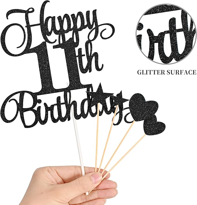 11th Birthday Cake Decorations, 11th Birthday Candles Cake Numeral Candles and Glitter Happy 11th Birthday Cake Toppers Set for Birthday Party Supplies (Black)