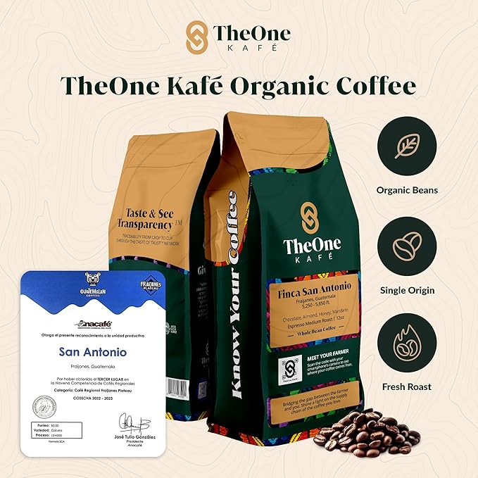 TheOne Kafé Guatemala Medium Roast Whole Bean Coffee ??Organic, Single Origin, Premium Specialty Coffee, Ethically Sourced, Smooth & Rich Flavor ??Fresh Roasted for Espresso, Drip, Pour Over ??12 oz