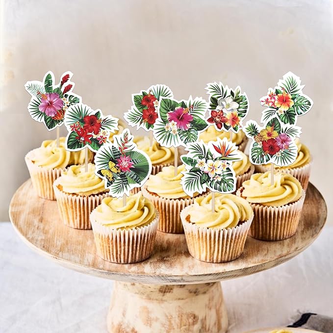 Rsstarxi 36 Pack Tropics Cupcake Toppers Turtle Leaves Flowers Tropical Plants Cupcake Picks for Summer Hawaii Tropics Theme Baby Shower Wedding Birthday Party Cake Decorations