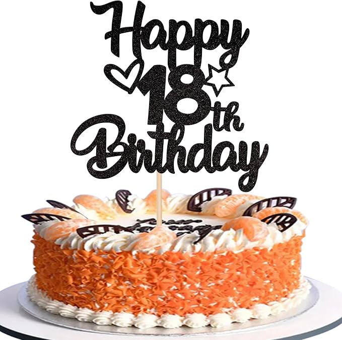 1 Pack Happy 18th Birthday Cake Topper Glitter Heart Star 18 Fabulous Cake Pick Birthday Sign Cake Decorations for 18th Birthday Theme Party Supplies Black