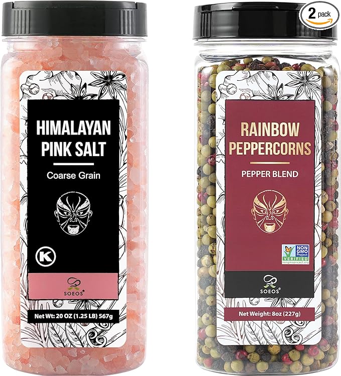 Soeos Himalayan Pink Salt and Rainbow Peppercorn Grinder Refills, 18oz Salt & 8oz Peppercorns, Kosher Seasoning Set for Cooking