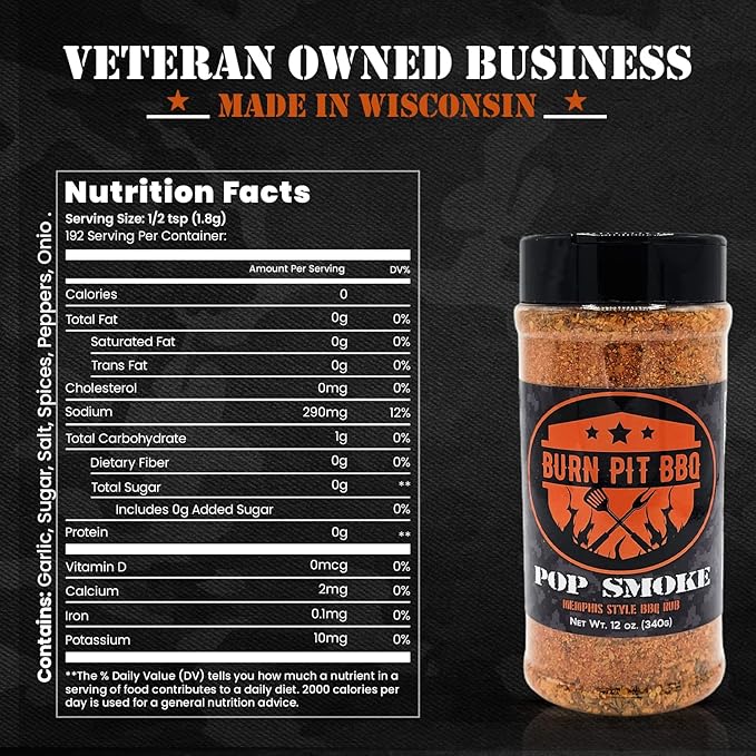Burn Pit BBQ Pop Smoke Memphis Style BBQ Rub - Great with Ribs, Poultry, Beef, and Pork - 0g Sugar and 1g Carbs - All-Natural, Gluten-Free, Non-GMO and No MSG - Veteran Owned - 12 oz (340g)