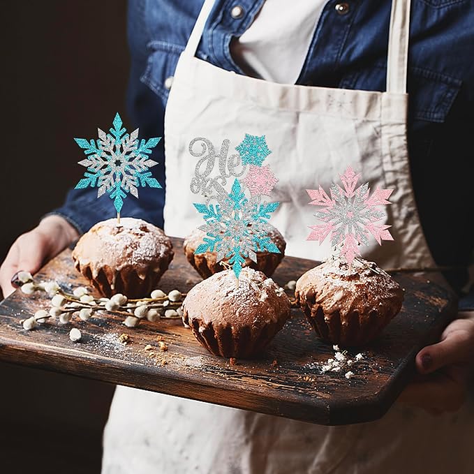 Rsstarxi 24 Pack Snowflake Gender Reveal Cupcake Toppers Pink Blue Glitter He or She Cupcake Picks Winter Snowflake Cake Decorations for Winter Wonderland Birthday Baby Shower Party Supplies