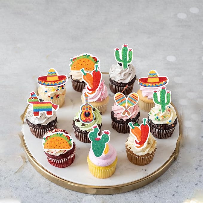 56 PCS Edible Mexican Fiesta Cupcake Toppers Cactus Donkey Maraca Sombrero Guitar Cupcake Picks Edible Mexican Fiesta Cake Decorations for Mexican Fiesta Theme Baby Shower Birthday Party Supplies