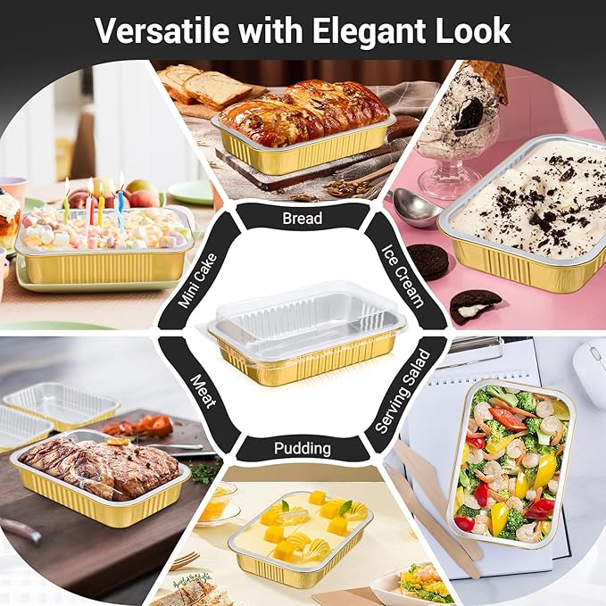 EUSOAR Creme Brulee Ramekins Disposable, Gold 20oz 50pcs Aluminum Foil Mini Cake Bread Pans, Muffin Baking Cups with Lids for Baking, Square Cupcake Pans, Muffin Liners Cups Dessert Containers
