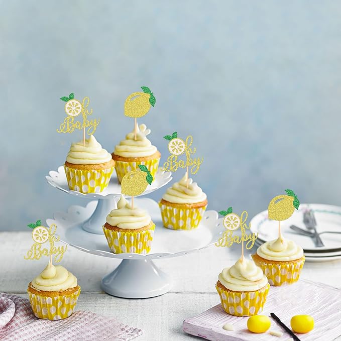24Pcs Lemon Cupcake Toppers Fruit Theme Lemonade Party Cupcake Picks for Lemon Theme Baby Shower Kids Boys Girls Birthday Party Cake Decorations Supplies