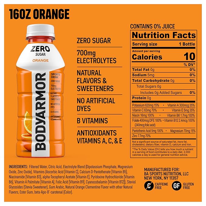 BODYARMOR ZERO Sugar Orange, Sugar Free Sports Drink - Low-Calorie Hydration - Natural Flavors with Potassium Packed Electrolytes, Antioxidants, and B-vitamins, 16 fl oz (pack of 12)
