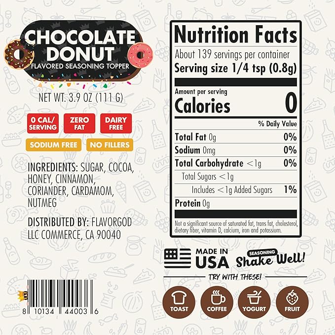 Chocolate Donut Topper Seasoning Mix, 2 Bottles by Flavor God - Premium All Natural & Healthy Spice - Blend for Coffee, Oatmeal, Pancakes & Smoothies - Kosher, Low Sodium, & Gluten-Free