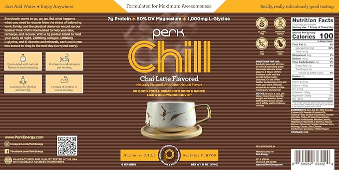 Perk Chill Chai Latte Flavored Drink Mix (18 Servings) - Soy Free & Peanut Free