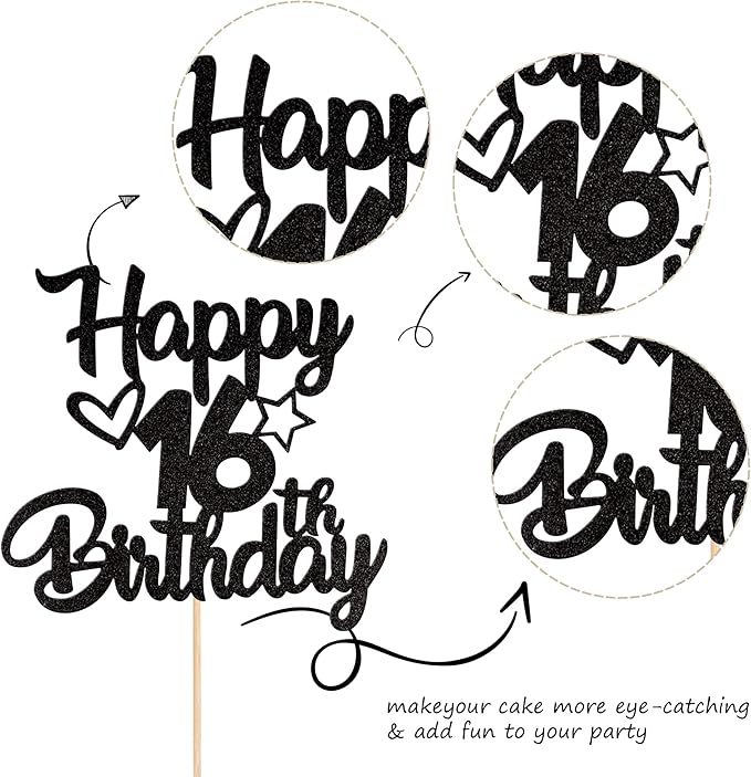 1 Pack Happy 16th Birthday Cake Topper Glitter Heart Star 16 Fabulous Cake Pick Birthday Sign Cake Decorations for Children 16th Birthday Theme Party Supplies Black