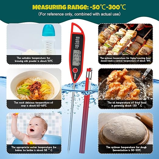12 Set Waterproof Food Thermometer for Water, Liquid, Candle and Cooking Digital Meat Thermometer with Long Probe Instant Read for Kitchen BBQ Grill Candy (Red)