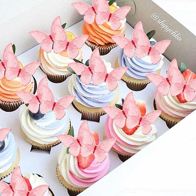 48 PCS Edible Butterfly Cupcake Toppers - Wafer Paper for Cake Decorating - Pink Butterfly Theme Baby Shower, Wedding, Birthday Party Cake Decorations Supplies