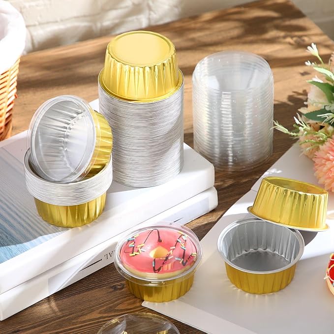 Gejoy 400 Pcs Aluminum Foil Baking Cups with Lids 5 oz Disposable Ramekins Mini Cake Pans Creme Brulee Cupcake Liners Muffin Tins Flan Mold Dessert Container for Wedding(Gold Color,Elegant)