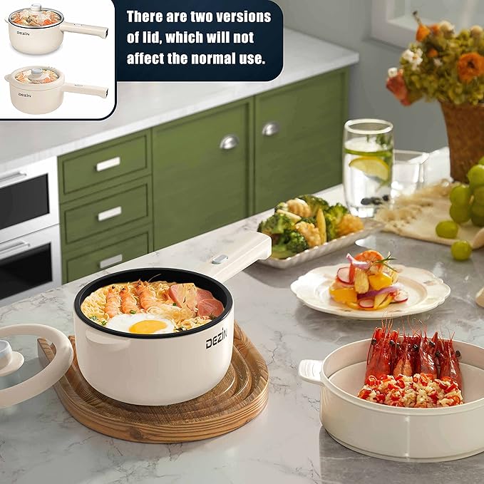 Dezin Electric Cooker, 2L Non-Stick Saut챕 Pan, Rapid Noodles Cooker, Mini Pot for Steak, Egg, Fried Rice, Ramen, Oatmeal, Soup with Power Adjustment, College Dorm Room Essential