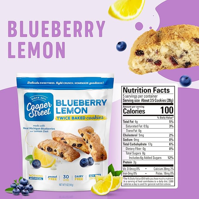 Cooper Street Italian Biscotti Cookies - Twice Baked Biscotti Style Cookie Biscuits in Delicious Blueberry Lemon Flavor | Crispy, Light and Healthy Cookies | Peanut & Dairy Free | 1.25 oz - 24 Pack