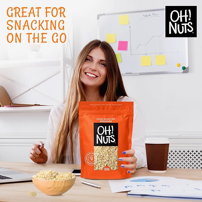 Oh! Nuts Almonds Diced Blanched - Raw - 100% Natural - 2 lb - High-Protein Diced Almonds - Packed in New York Zip-Seal Bag for Exceptional Freshness