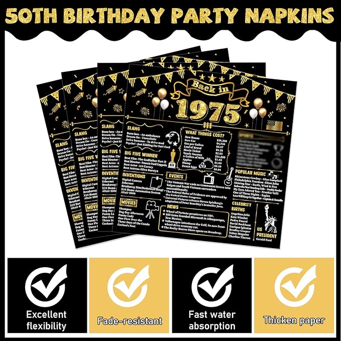 96Pcs 50th Birthday Plates and Napkins Back in 1975 Party Decorations Black Gold 50 Year Old Party Dessert Plates 1975 Tableware for 24 Guests 50th Theme Men Woman Birthday Supplies