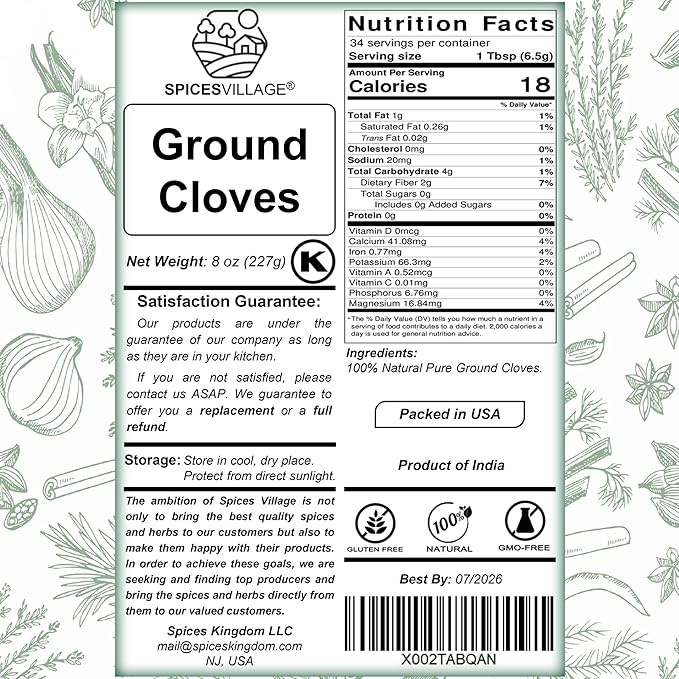Spices Village Ground Cloves, 8 Ounces, Ground Clove Spice fot Tea, Richly Flavored Cloves Powder for Curries, Pickles and Pumpkin Spices - Certified Kosher, Gluten Free, Non GMO, Resealable Bulk Bag