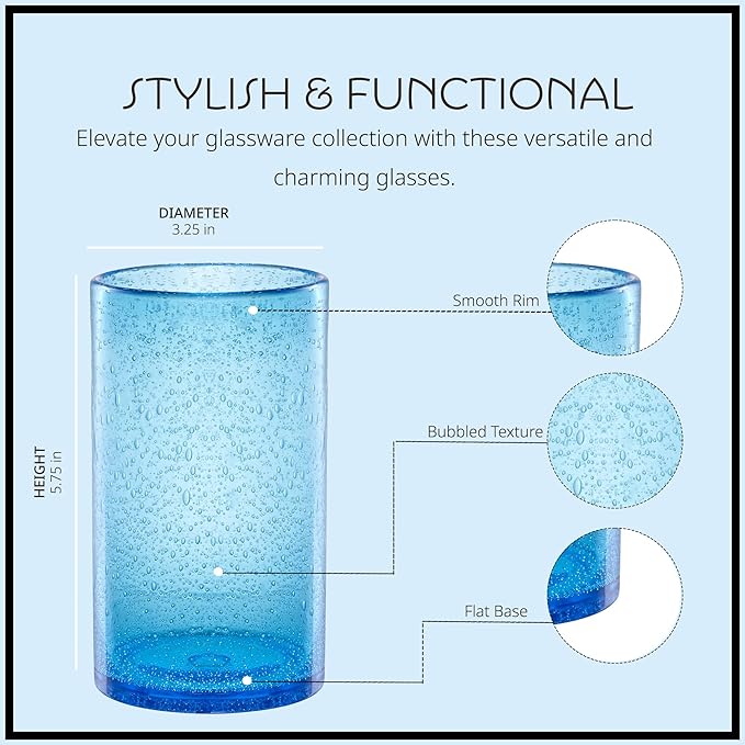 Artland 17oz Highball Tumbler, Set of 4 | Iris Seeded Design, Turquoise | Drinking Glass for Parties and Everyday Use - Mojito, Whiskey, Cocktail | Glassware & Kitchenware Essentials