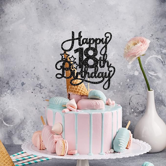 1 Pack Happy 18th Birthday Cake Topper Black Glitter 18 & Fabulous Cheers to 18 Years Old Birthday Cake Pick for Celebrating 18th Birthday Anniversary Party Cake Decorations Supplies