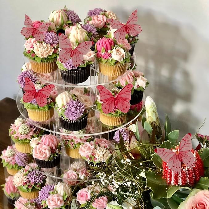 40Pcs Edible Wafer Paper Butterfly Cupcake Toppers 3D Cake Realistic Pastel Butterfly Decoration for Birthday Party Wedding Food Decorations - Pink