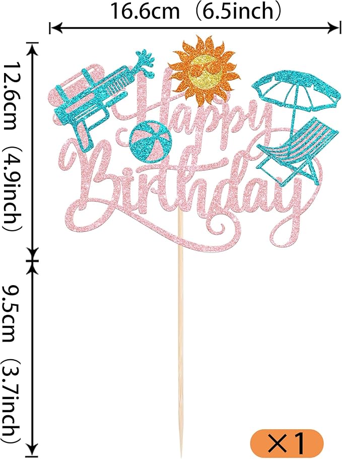 1 Pack Summer Beach Happy Birthday Cake Topper Tropical Hawaiian Water Gun Cake Pick Glitter Umbrella Pool Holiday Cupcake Decoration for Summer Baby Shower Birthday Party Supplies Pink