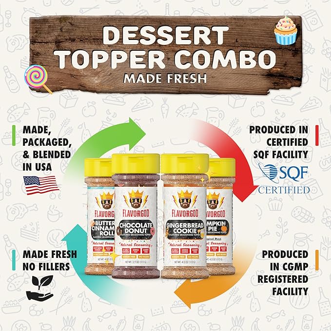 Dessert Topper Combo Pack - Buttery Cinnamon Roll, Chocolate Donut, Gingerbread Cookie, Pumpkin Pie, Pack of 4 - Premium All Natural & Healthy Blend for Bread, Fruit, Ice Cream Seasoning by Flavor God