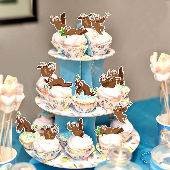 42Pcs Edible Cupcake Toppers Wafer Paper Sloth Animal Cupcake Toppers Drink Topper Dessert Muffin Cake Picks Cake Decoration for Children Birthday Party Decoration