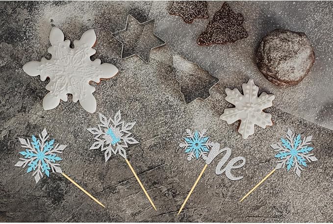 24PCS Glitter Snowflake Cupcake Toppers, Frozen One Cake Topper for Winter 1st Birthday Decorations, Baby Shower Decorations